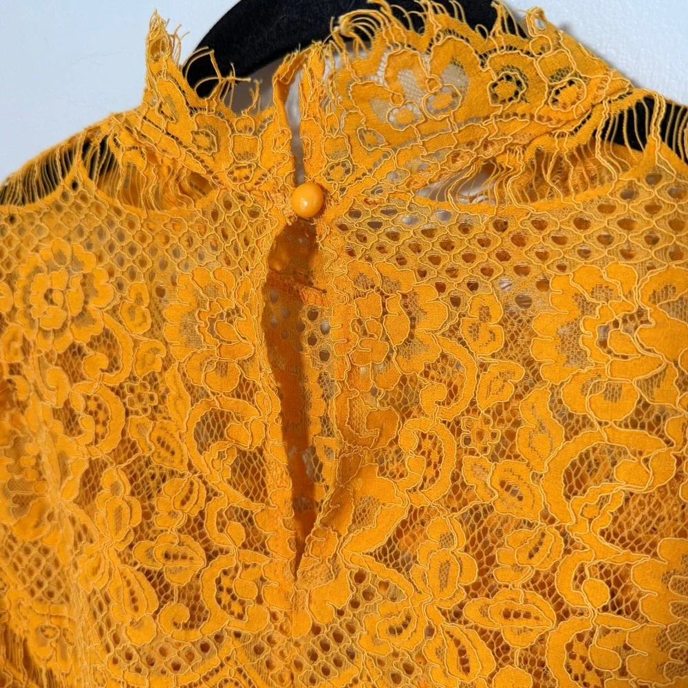 Golden Yellow Sheer Floral Lace Blouse Victorian Romantic‎ Boho Festival Top MED